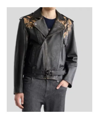 Etro Leather Biker Jacket With Placed Leopard Print In Black