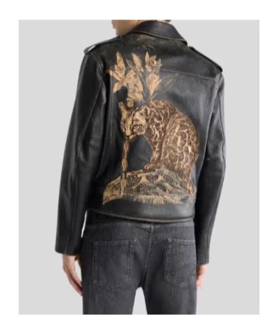 Etro Leather Biker Jacket With Placed Leopard Print In Black