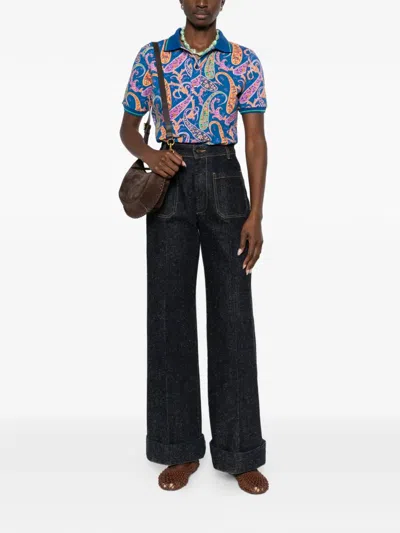 Etro Paisley Collared Polo Top In Blue