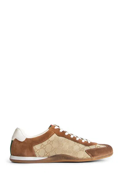Gucci Shift Suede Sneakers With Gg Supreme Fabric Inserts In Brown