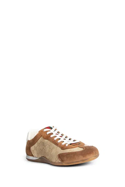 Gucci Shift Suede Sneakers With Gg Supreme Fabric Inserts In Brown