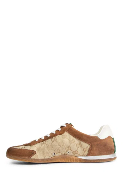 Gucci Shift Suede Sneakers With Gg Supreme Fabric Inserts In Brown