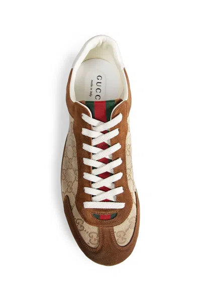 Gucci Shift Suede Sneakers With Gg Supreme Fabric Inserts In Brown