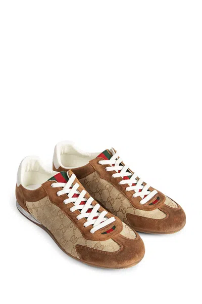 Gucci Shift Suede Sneakers With Gg Supreme Fabric Inserts In Brown