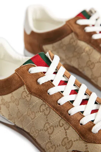 Gucci Shift Suede Sneakers With Gg Supreme Fabric Inserts In Brown
