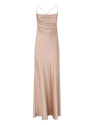 Pinko Pink Sleeveless Long Dress With Criss-crossed Spaghetti Straps In Tech Fabric Woman In Gold