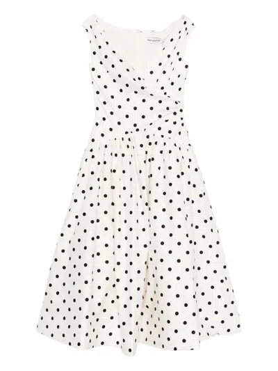 Self-portrait White Dress With All-over Polka Dot And Flared Skirt In Cotton Woman In Orange