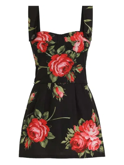 Dolce & Gabbana Floral-print Cotton Bustier Mini Dress In Black