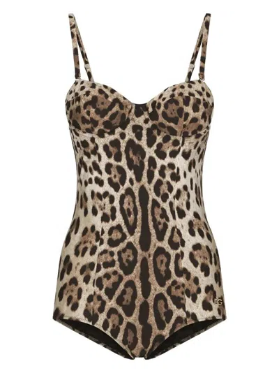 Dolce & Gabbana Embellished Leopard-print Underwired Swimsuit In Animal Print