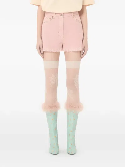 Valentino Knee Length Shorts Frayed Hem Floral Pockets Belt Loops In Pink