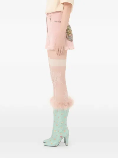 Valentino Knee Length Shorts Frayed Hem Floral Pockets Belt Loops In Pink