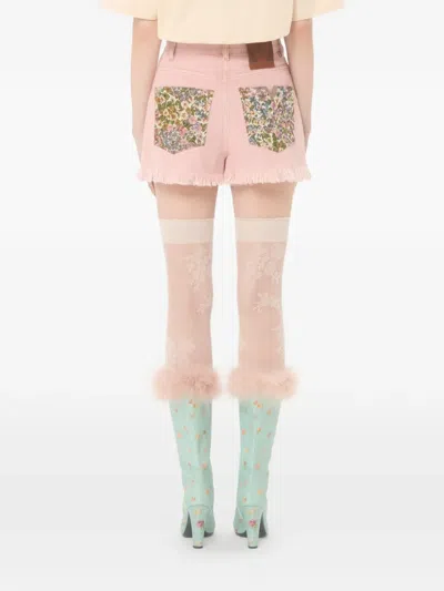 Valentino Knee Length Shorts Frayed Hem Floral Pockets Belt Loops In Pink