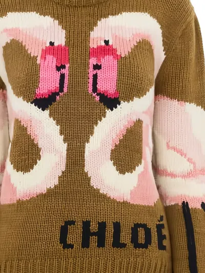 Chloé Hand Knit Flamingo Intarsia Wool Crewneck Sweater In Brown