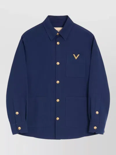 Valentino Cotton Gabardine Shirt Jacket With Vgold In Blue