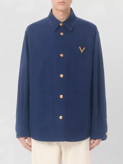 Valentino Cotton Gabardine Shirt Jacket With Vgold In Blue