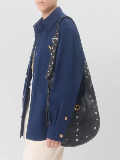 Valentino Cotton Gabardine Shirt Jacket With Vgold In Blue