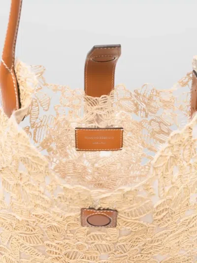 Ermanno Scervino Medium Hobo Bag Lace Overlay Leather Handles In Brown