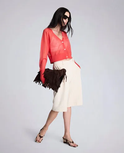 Kenneth Cole Sheer Cropped Cardigan With Saddle Shoulders In Red