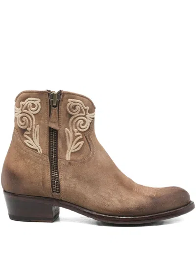 Damy Flower-embroidered Boots In Brown