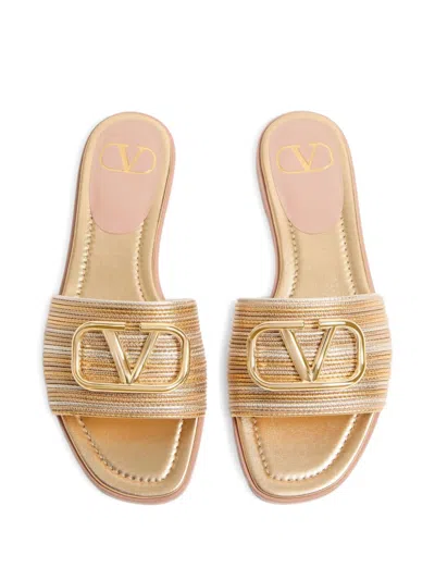 Valentino Garavani Vlogo Signature Metallic Leather Slide Sandal With Cornely Embroidery Woman Gold