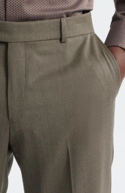 Berle Covert Flat Front Wool Twill Dress Pants In Brown