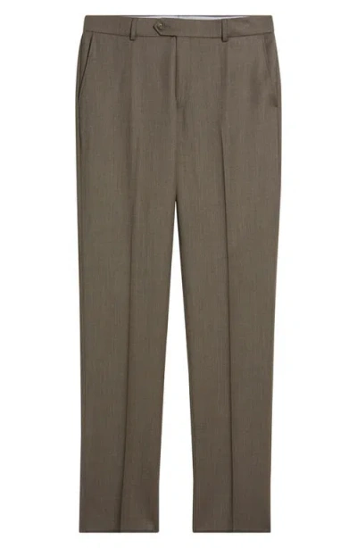 Berle Covert Flat Front Wool Twill Dress Pants In Brown