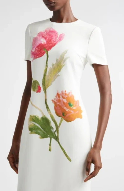 Carolina Herrera Poppy Print Short Sleeve Stretch Crepe Sheath Dress In Multi