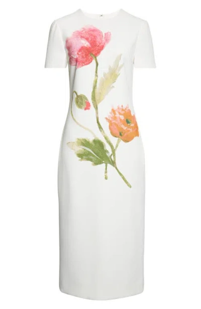 Carolina Herrera Poppy Print Short Sleeve Stretch Crepe Sheath Dress In Multi