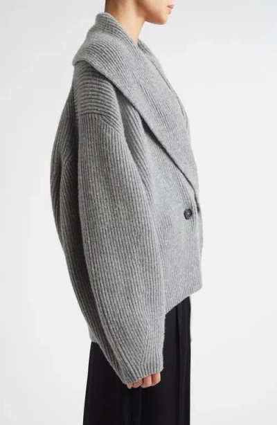 Totême Toteme Shawl Collar Wool Rib Cardigan In Gray