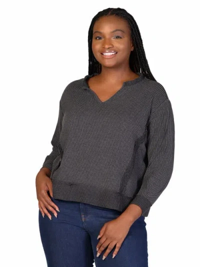 24seven Comfort Apparel Relaxed Fit Ribbed Knit V-neck Sweatshirt Top In Black