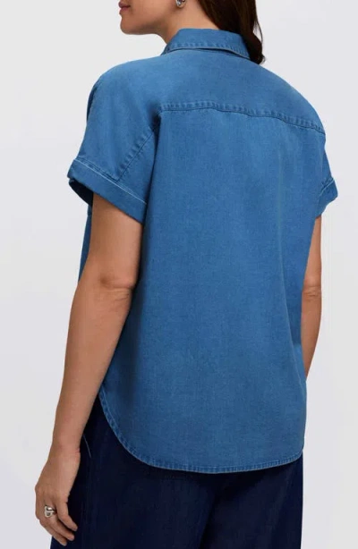 Foxcroft Abigail Short Sleeve Denim Button-up Shirt In Blue