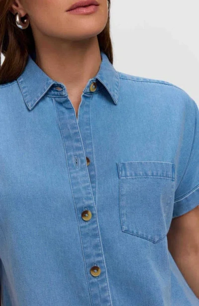 Foxcroft Abigail Short Sleeve Denim Button-up Shirt In Blue