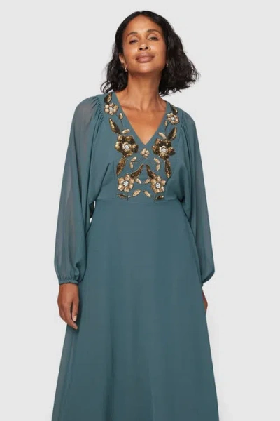 Wallis Embellished Balloon Sleeve Midi Dress In Green