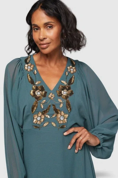Wallis Embellished Balloon Sleeve Midi Dress In Green