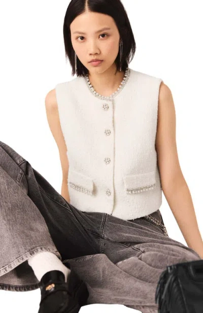 Maje Womens Ecru Sleeveless Bead-embellished Tweed Jacket In Neutral