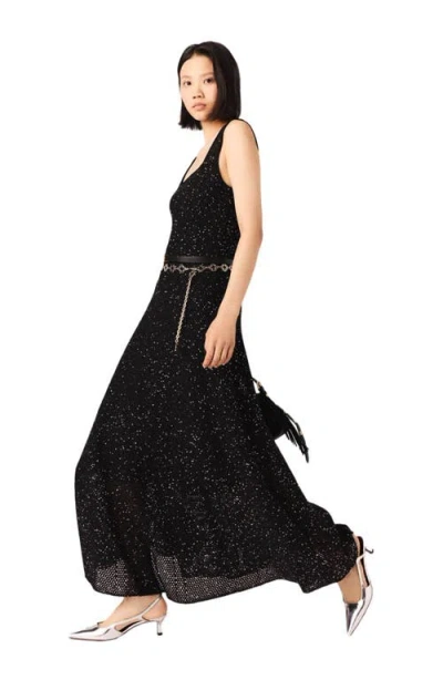 Maje Womens Black Square-neck Rhinestone-embellished Knitted Maxi Dress