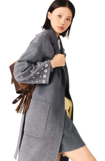 Maje Long Double-faced Rhinestone Coat In Gray
