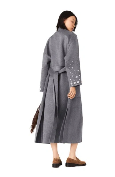 Maje Long Double-faced Rhinestone Coat In Gray