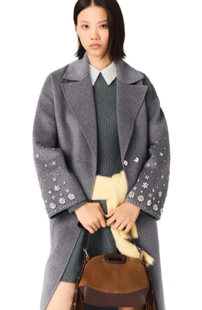 Maje Long Double-faced Rhinestone Coat In Gray