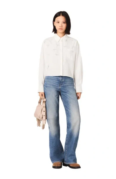 Maje Womens White Cropped Jewel-embellished Cotton Shirt