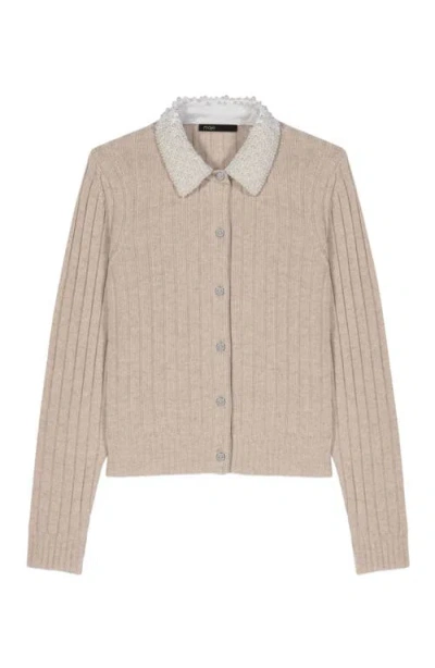 Maje Womens Beige Beaded Removable-collar Stretch Wool-blend Cardigan In Neutral