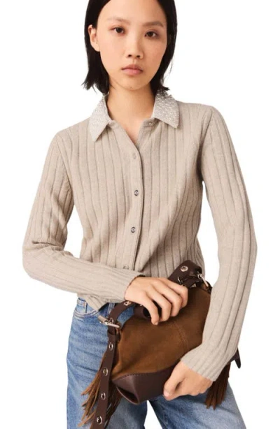 Maje Womens Beige Beaded Removable-collar Stretch Wool-blend Cardigan In Neutral