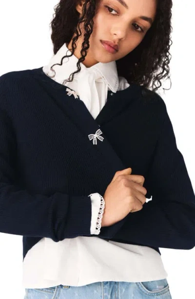 Maje Jewelled Bow-button Cardigan In Blue