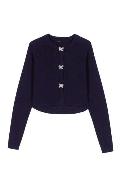 Maje Jewelled Bow-button Cardigan In Blue