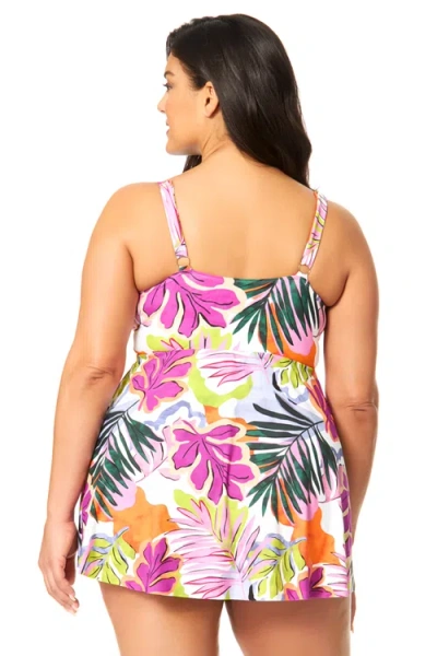 Anne Cole Plus Plus Mod Tropical Swim Dress With Skirted Bottom In Multi