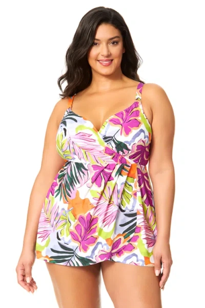 Anne Cole Plus Plus Mod Tropical Swim Dress With Skirted Bottom In Multi