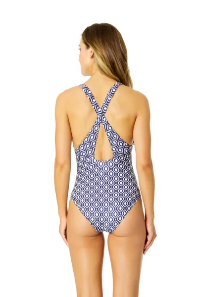 Anne Cole Printed V Neck Cross Back One Piece Swimsuit In Blue