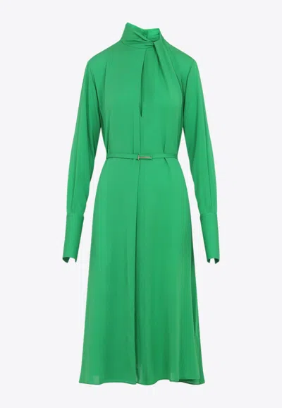 Tom Ford Washed Silk Georgette Long Sleeve Draped Collar Belted Dress With Cut-out In Green