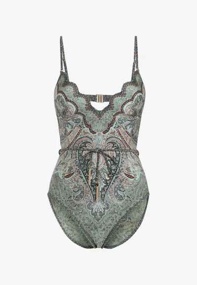 Zimmermann Wanderlust Belted Embellished Scalloped Printed Swimsuit In Green