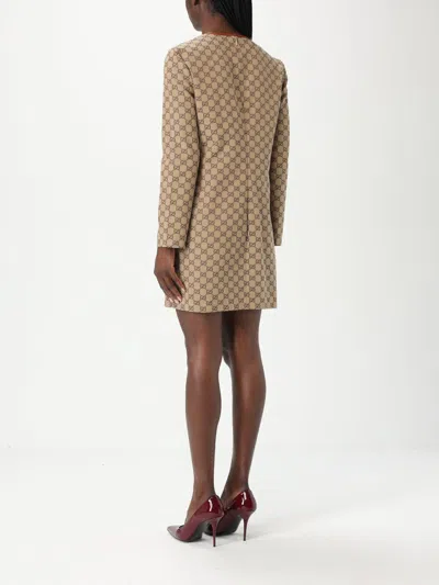 Gucci Beige Crewneck Mini Dress With Horsebit On The Front In Gg Canvas Woman In Brown